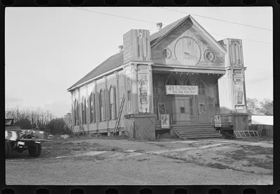 Church turned into a movie house, Woodville, Mississippi, 1935
