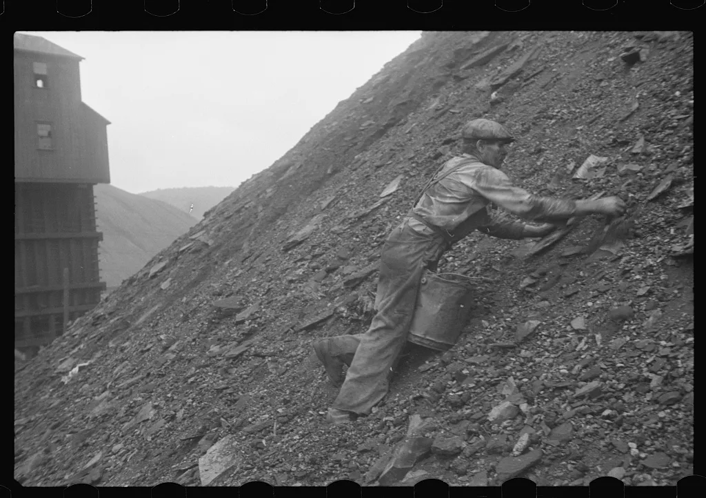 Man gathering good coal from the slag heaps at Nanty Glo, Pennsylvania, 1937