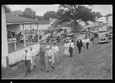 [Untitled photo, possibly related to: Cars parked near racetrack,…, Ohio, 1938