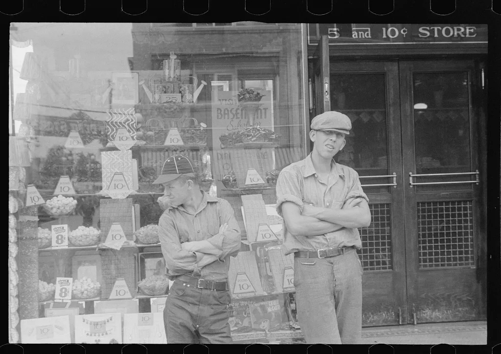 Two boys standing in front of candy store window, street scene,…, Ohio, 1938