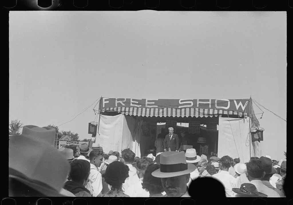 [Untitled photo, possibly related to: Ashville, Ohio. Sideshows at…, 1938