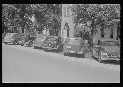 Cars parked outside church, Linworth, Ohio, 1938