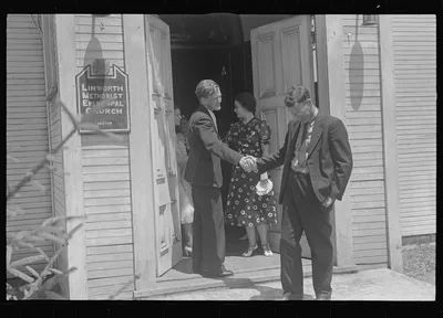 [Untitled photo, possibly related to: Leaving church, Linworth, Ohio], 1938