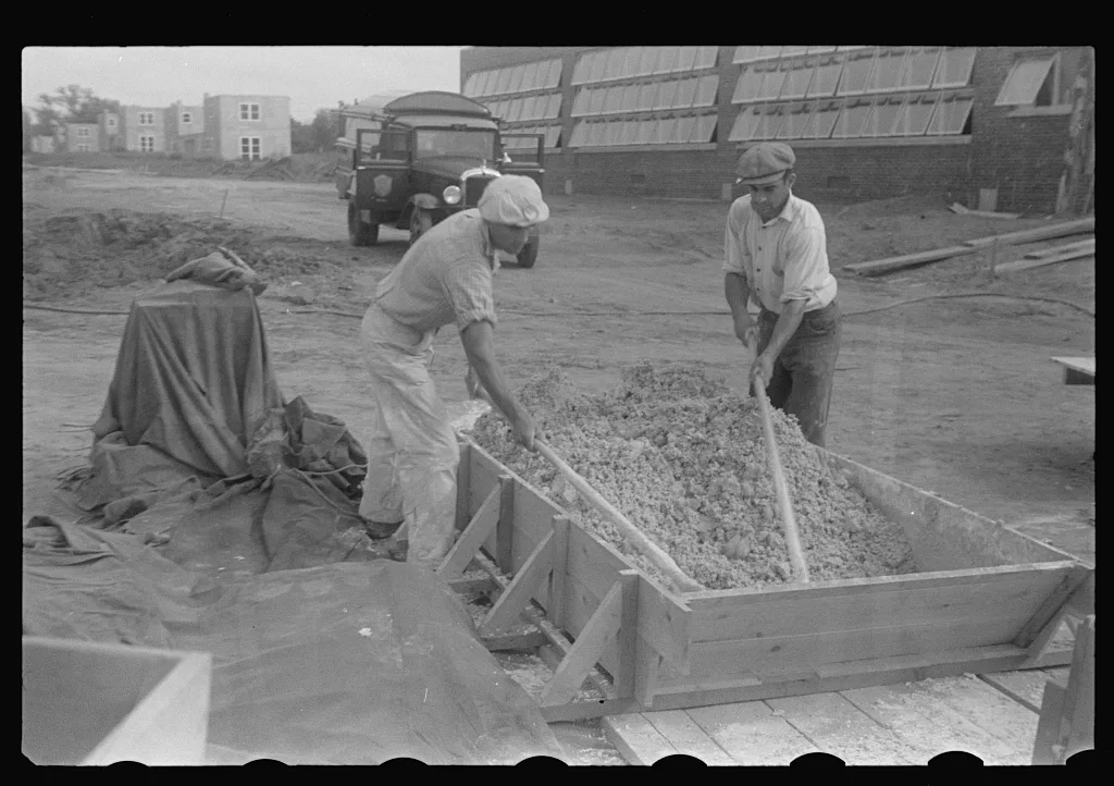 Hightstown, New Jersey. Steps in the preparation of mortar for fresco…, 1935
