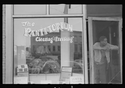 A cleaning and pressing shop in Urbana, Ohio, 1938