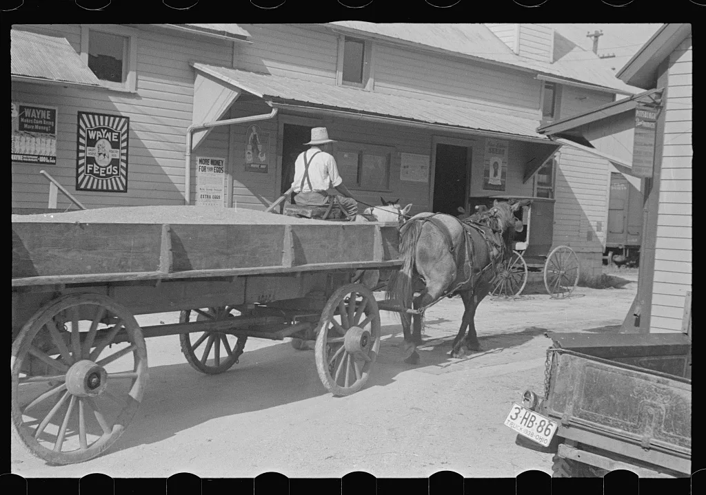 Wagon in town, Plain City, Ohio, 1938