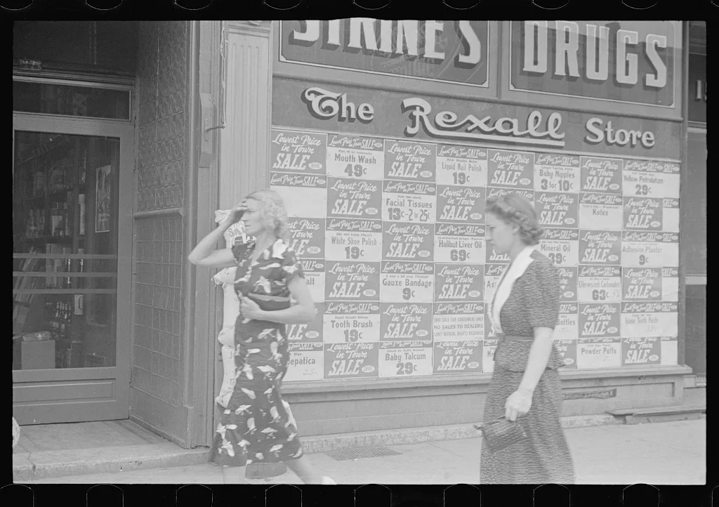 Drugstore window, Newark, Ohio, 1938