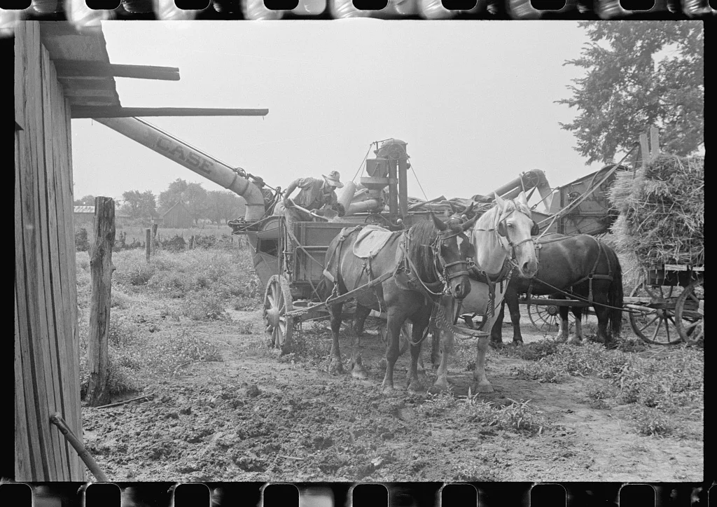 [Untitled photo, possibly related to: Adjusting straw stocker on…, Ohio, 1938