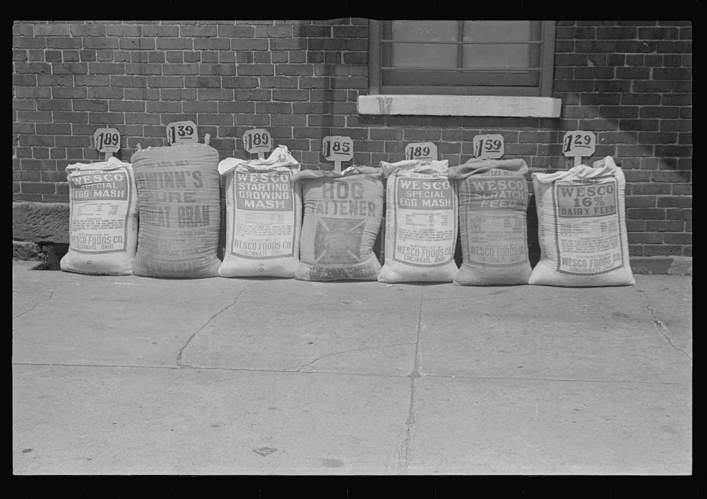 Stock feed in front of feed store, Route 40, central Ohio, 1938