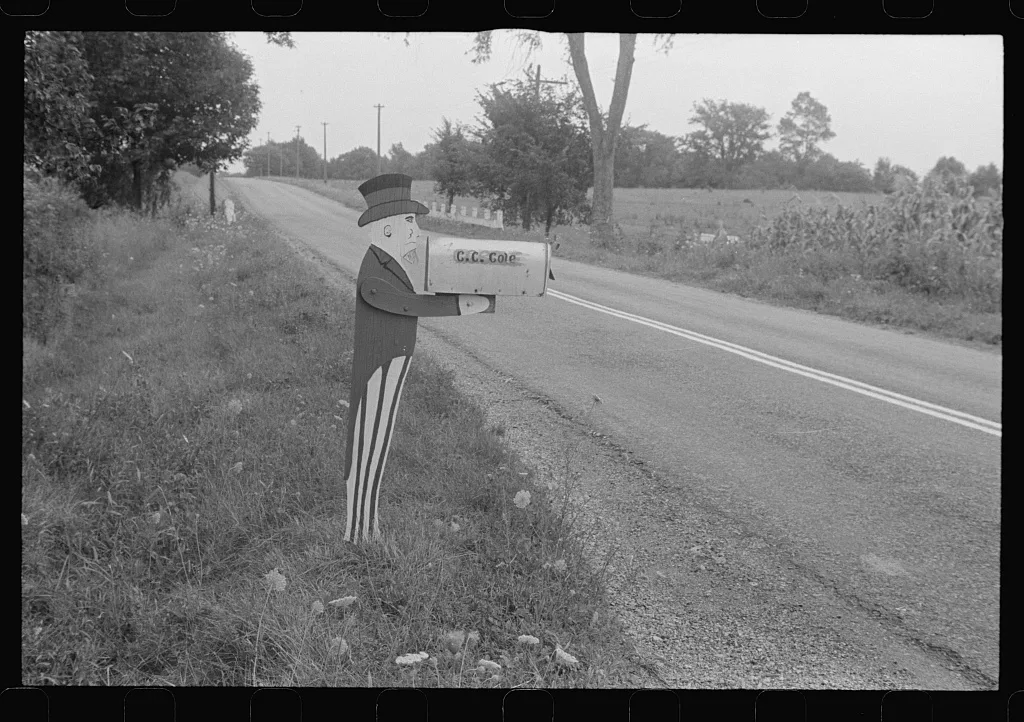 Mailbox on farm in central Ohio (see general caption), 1938