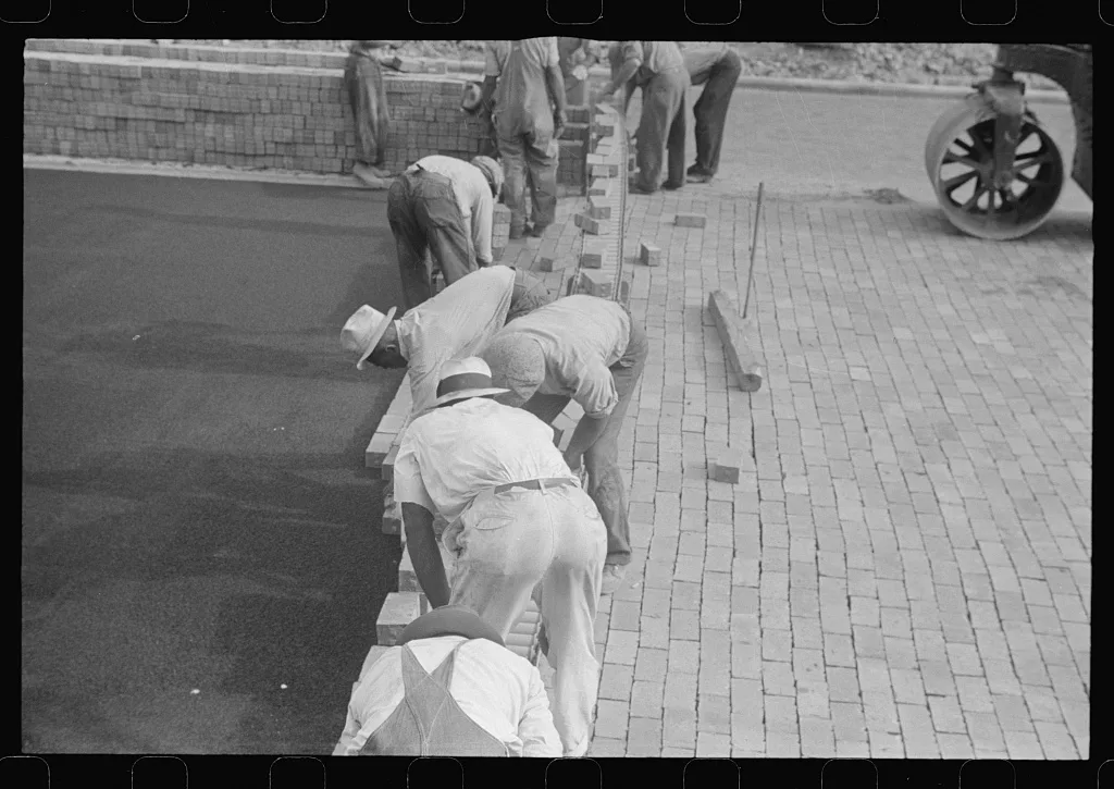 [Untitled photo, possibly related to: Workers repairing Route 40,…, Ohio, 1938