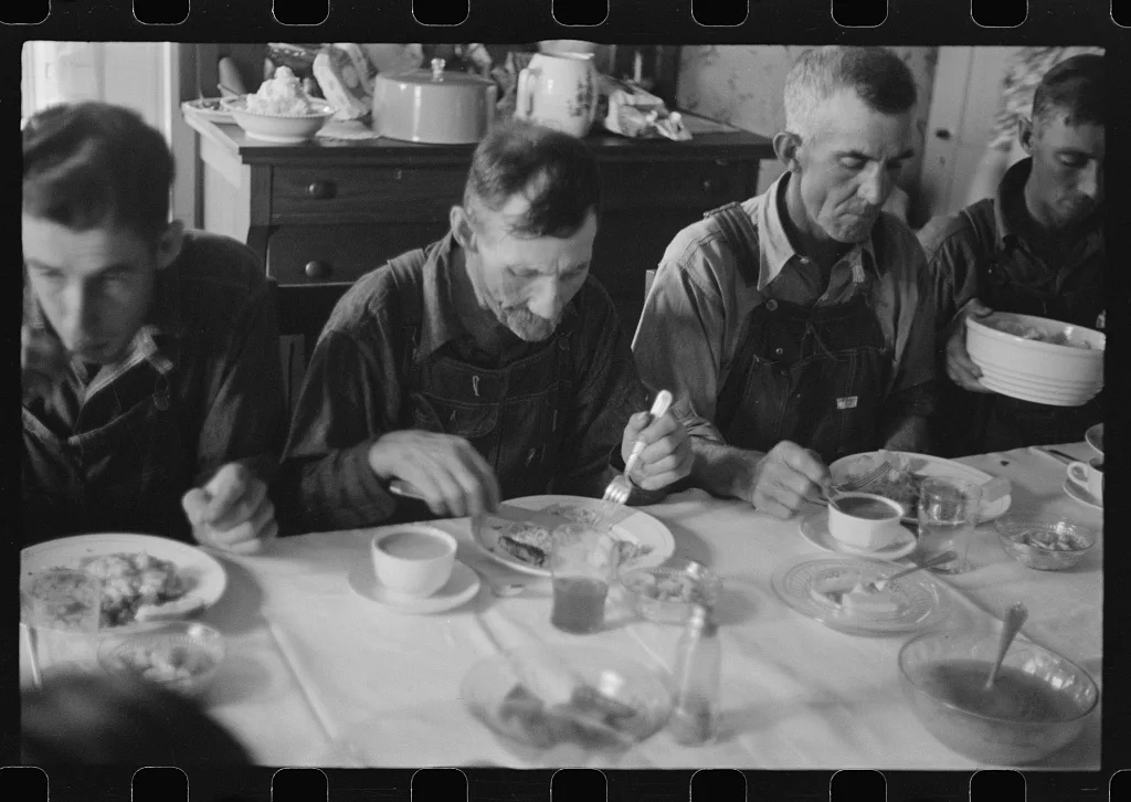 [Untitled photo, possibly related to: Dinner during wheat harvest…, Ohio, 1938