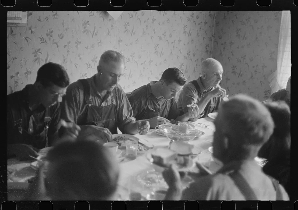 [Untitled photo, possibly related to: Dinner during wheat harvest…, Ohio, 1938