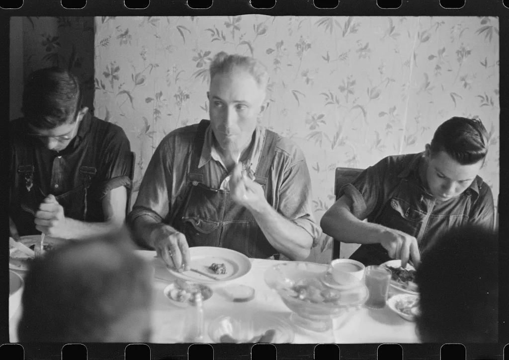 [Untitled photo, possibly related to: Dinner during wheat harvest…, Ohio, 1938