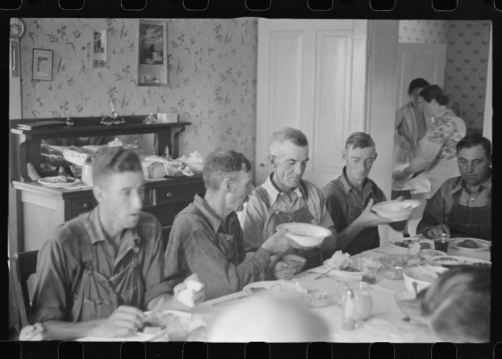 [Untitled photo, possibly related to: Dinner during wheat harvest…, Ohio, 1938