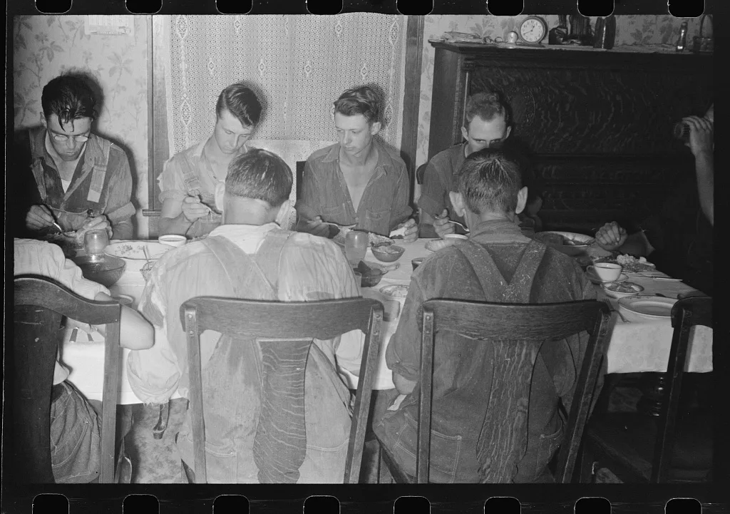 [Untitled photo, possibly related to: Dinner during wheat harvest…, Ohio, 1938