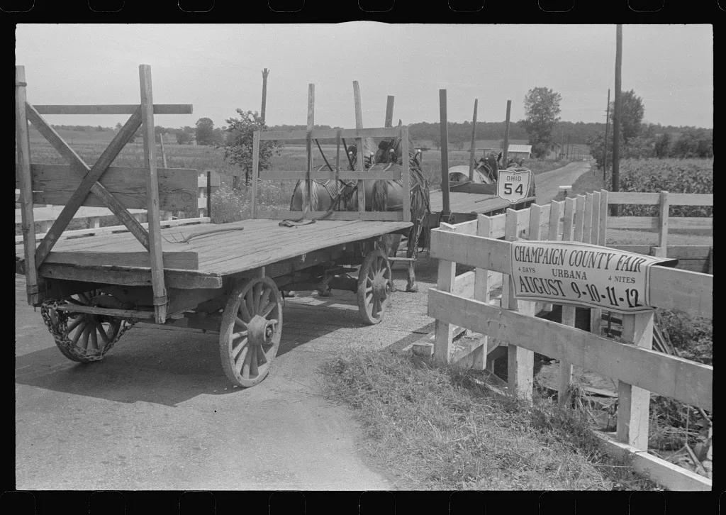 Hayracks on Route 54, Central Ohio, 1938