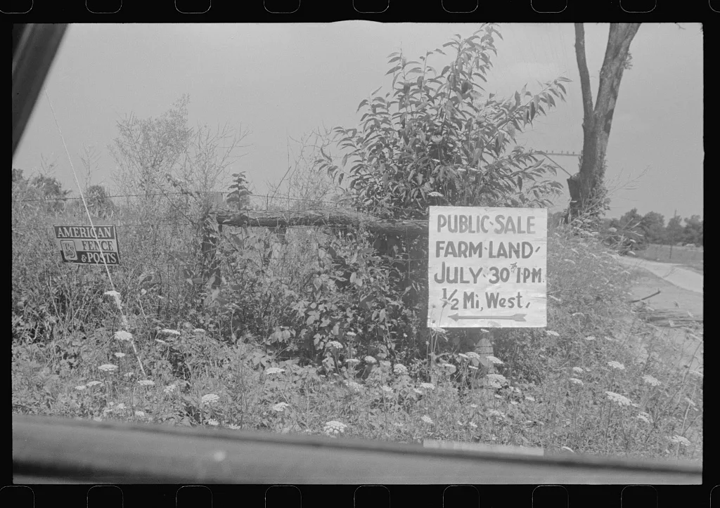 Advertising farmland auction, New Carlisle [i.e. Marysville], Ohio, 1938
