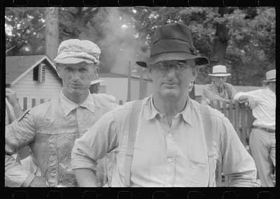 Jockey and spectators at county fair in central Ohio, 1938