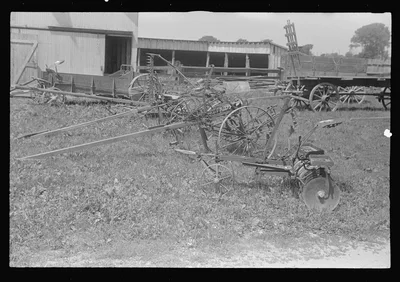 Farm machinery for public auction, central Ohio, 1938