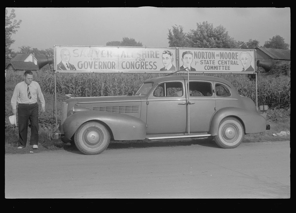 Car advertising candidates for office, central Ohio, 1938