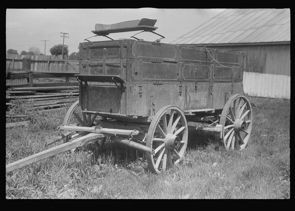 Farm wagon at public auction, central Ohio, 1938
