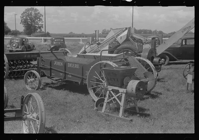 Farm machinery display at county fair, central Ohio, 1938