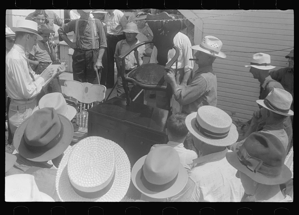 Auctioning off household effects at public auction in central Ohio, 1938