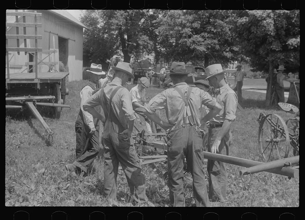 Farmers at public auction, central Ohio, 1938