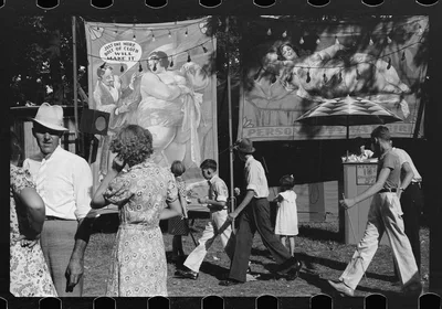 Sideshow, county fair, central Ohio, 1938