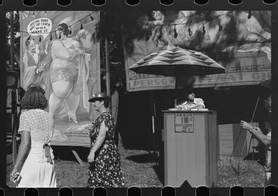 [Untitled photo, possibly related to: Sideshow, county fair, central…, Ohio, 1938
