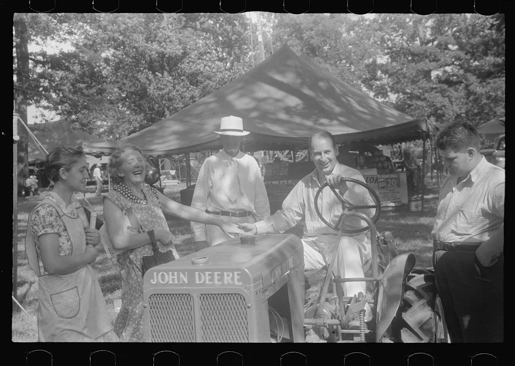 [Untitled photo, possibly related to: Farmers talking at county fair,…, Ohio, 1938