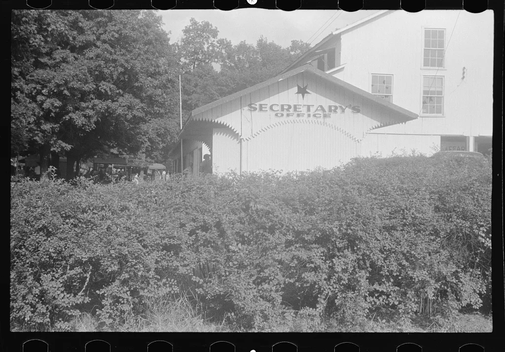 Buildings on grounds at Champaign County Fair, Ohio, 1938